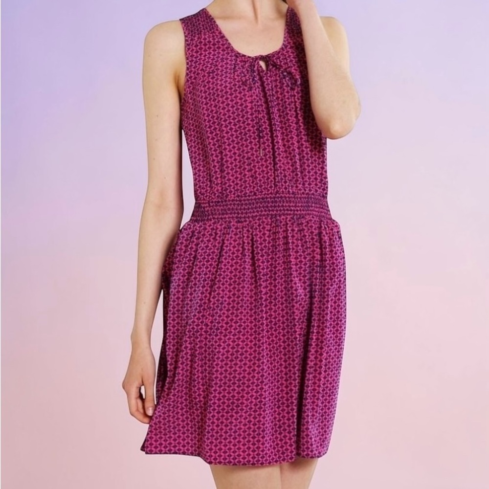 NEW, GAP, Sleeveless Pink Navy Geometric Dress Smocked Waist Pockets, Size S